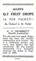 1936-37 Allen's Cricketers #6 Clarrie Grimmett Back