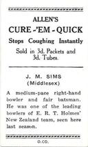 1936-37 Allen's Cricketers #23 Jim Sims Back