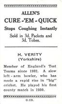 1936-37 Allen's Cricketers #31 Hedley Verity Back