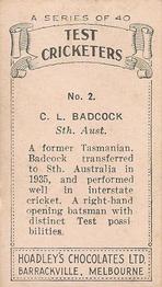 1936-37 Hoadley's Test Cricketers #2 Jack Badcock Back