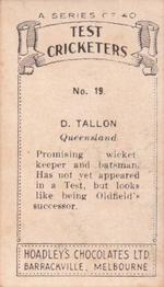 1936-37 Hoadley's Test Cricketers #19 Don Tallon Back