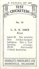 1936-37 Hoadley's Test Cricketers #31 Leslie Ames Back