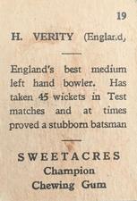 1938 Sweetacres Cricketers Caricatures #19 Hedley Verity Back