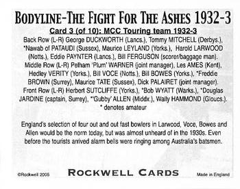 2005 Rockwell Bodyline The Fight for the Ashes 1932-3 #3 MCC Touring team 1932-33 Back