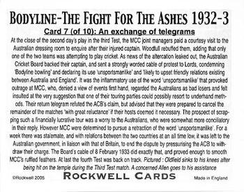 2005 Rockwell Bodyline The Fight for the Ashes 1932-3 #7 An exchange of telegrams Back