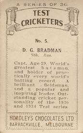 1938 Hoadley's Test Cricketers #5 Don Bradman Back