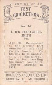 1938 Hoadley's Test Cricketers #14 Chuck Fleetwood-Smith Back