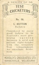 1938 Hoadley's Test Cricketers #16 Len Hutton Back
