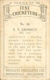 1938 Hoadley's Test Cricketers #18 Clarrie Grimmett Back