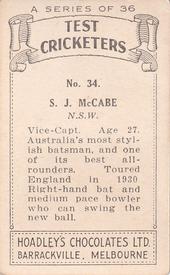 1938 Hoadley's Test Cricketers #34 Stan McCabe Back