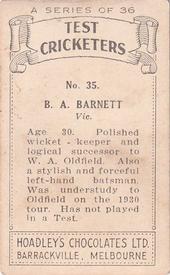 1938 Hoadley's Test Cricketers #35 Ben Barnett Back