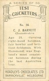 1938 Hoadley's Test Cricketers #36 Charles Barnett Back