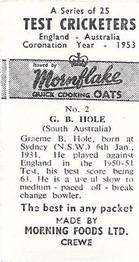 1953 Morning Foods Test Cricketers #2 Graeme Hole Back