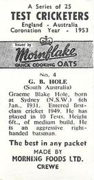 1953 Morning Foods Test Cricketers #4 Graeme Hole Back