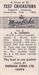1953 Morning Foods Test Cricketers #6 Arthur Morris Back