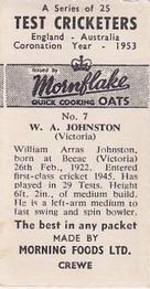1953 Morning Foods Test Cricketers #7 Bill Johnston Back