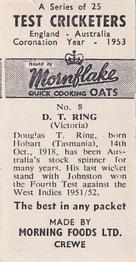 1953 Morning Foods Test Cricketers #8 Doug Ring Back