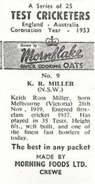 1953 Morning Foods Test Cricketers #9 Keith Miller Back