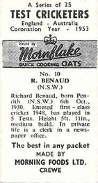 1953 Morning Foods Test Cricketers #10 Richie Benaud Back