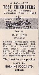 1953 Morning Foods Test Cricketers #13 Doug Ring Back