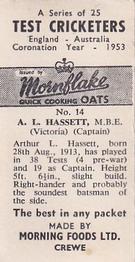 1953 Morning Foods Test Cricketers #14 Lindsay Hassett Back