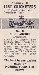 1953 Morning Foods Test Cricketers #16 Ron Archer Back