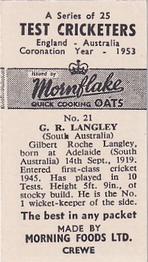 1953 Morning Foods Test Cricketers #21 Gil Langley Back