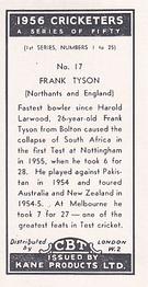 1956 Kane Products Cricketers Series 1 #17 Frank Tyson Back