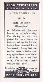 1956 Kane Products Cricketers Series 1 #24 Ken Mackay Back