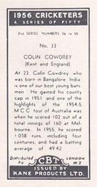1956 Kane Products Cricketers Series 2 #33 Colin Cowdrey Back