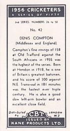 1956 Kane Products Cricketers Series 2 #42 Denis Compton Back
