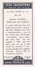 1956 Kane Products Cricketers Series 2 #45 Allan Watkins Back