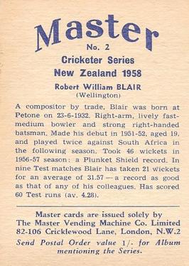 1958 Master Vending Cricketer Series New Zealand #2 Robert William Blair Back