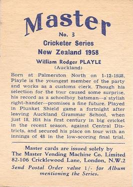 1958 Master Vending Cricketer Series New Zealand #3 William Rodger Playle Back