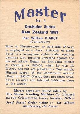 1958 Master Vending Cricketer Series New Zealand #4 John William D'Arcy Back