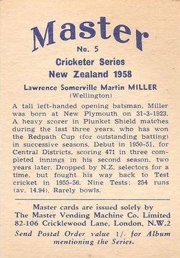 1958 Master Vending Cricketer Series New Zealand #5 Lawrence Somerville Martin Miller Back