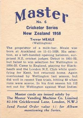 1958 Master Vending Cricketer Series New Zealand #6 Trevor Meale Back