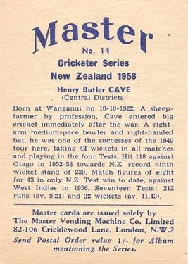 1958 Master Vending Cricketer Series New Zealand #14 Henry Butler Cave Back