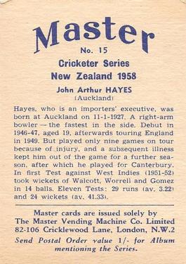 1958 Master Vending Cricketer Series New Zealand #15 John Arthur Hayes Back