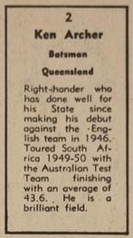 1951 Coles Australian & English Cricketers #2 Ken Archer Back