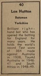 1951 Coles Australian & English Cricketers #40 Len Hutton Back