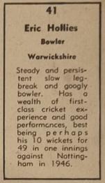 1951 Coles Australian & English Cricketers #41 Eric Hollies Back