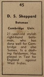 1951 Coles Australian & English Cricketers #45 David Sheppard Back