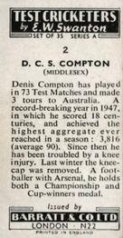 1956 Barratt & Co Test Cricketers Series A #2 Denis Compton Back