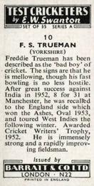 1956 Barratt & Co Test Cricketers Series A #10 Fred Trueman Back