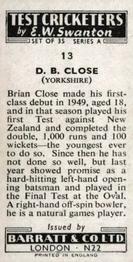 1956 Barratt & Co Test Cricketers Series A #13 Brian Close Back