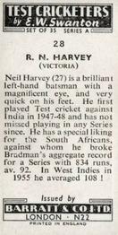 1956 Barratt & Co Test Cricketers Series A #28 Neil Harvey Back