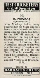 1956 Barratt & Co Test Cricketers Series A #32 Ken Mackay Back