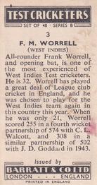 1956 Barratt & Co Test Cricketers Series B #3 Frank Worrell Back