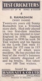 1956 Barratt & Co Test Cricketers Series B #4 Sonny Ramadhin Back